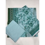 Premium Mint Aqua Floral Printed Lawn 3 Pc Suit - Unstitched Summer Ensemble with Dark Forest Green Tribal Doriya Dupatta & Dyed Trouser