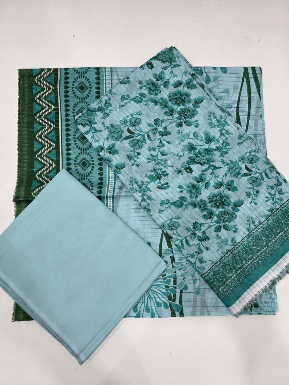 Premium Mint Aqua Floral Printed Lawn 3 Pc Suit - Unstitched Summer Ensemble with Dark Forest Green Tribal Doriya Dupatta & Dyed Trouser