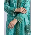 Premium Mint Aqua Floral Printed Lawn 3 Pc Suit - Unstitched Summer Ensemble with Dark Forest Green Tribal Doriya Dupatta & Dyed Trouser