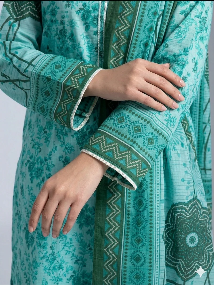 Premium Mint Aqua Floral Printed Lawn 3 Pc Suit - Unstitched Summer Ensemble with Dark Forest Green Tribal Doriya Dupatta & Dyed Trouser