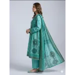 Premium Mint Aqua Floral Printed Lawn 3 Pc Suit - Unstitched Summer Ensemble with Dark Forest Green Tribal Doriya Dupatta & Dyed Trouser