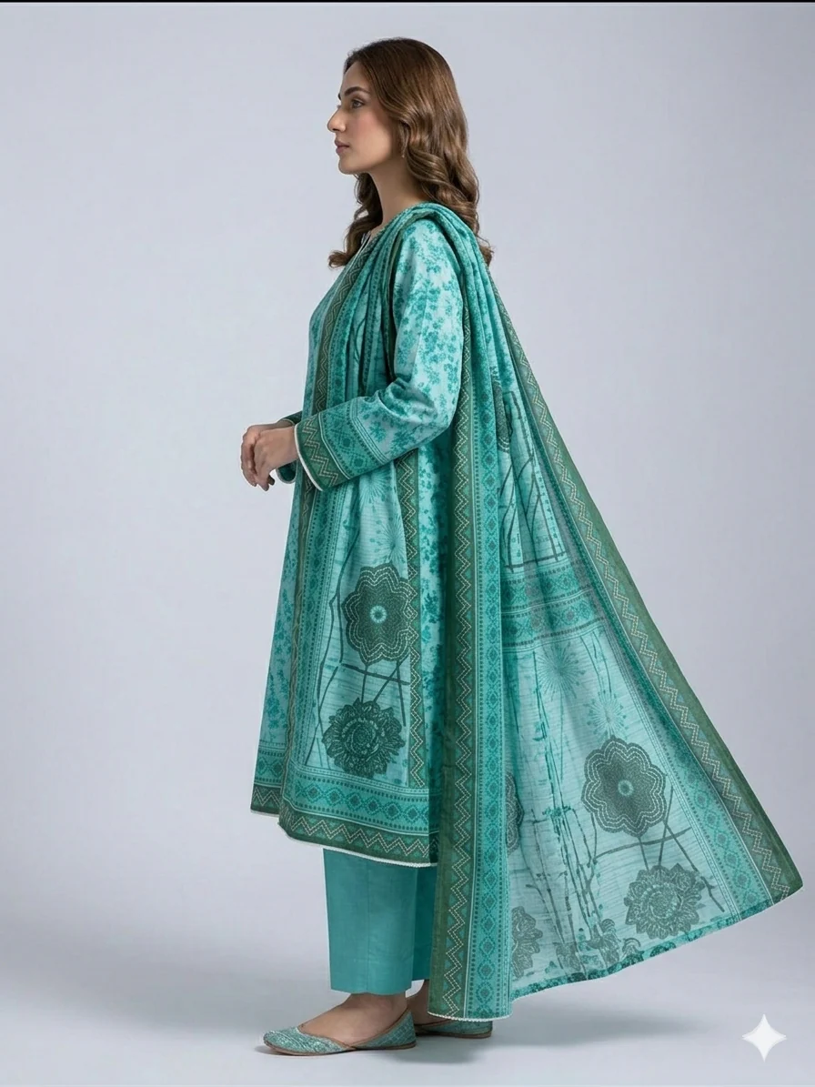Premium Mint Aqua Floral Printed Lawn 3 Pc Suit - Unstitched Summer Ensemble with Dark Forest Green Tribal Doriya Dupatta & Dyed Trouser