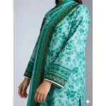 Premium Mint Aqua Floral Printed Lawn 3 Pc Suit - Unstitched Summer Ensemble with Dark Forest Green Tribal Doriya Dupatta & Dyed Trouser