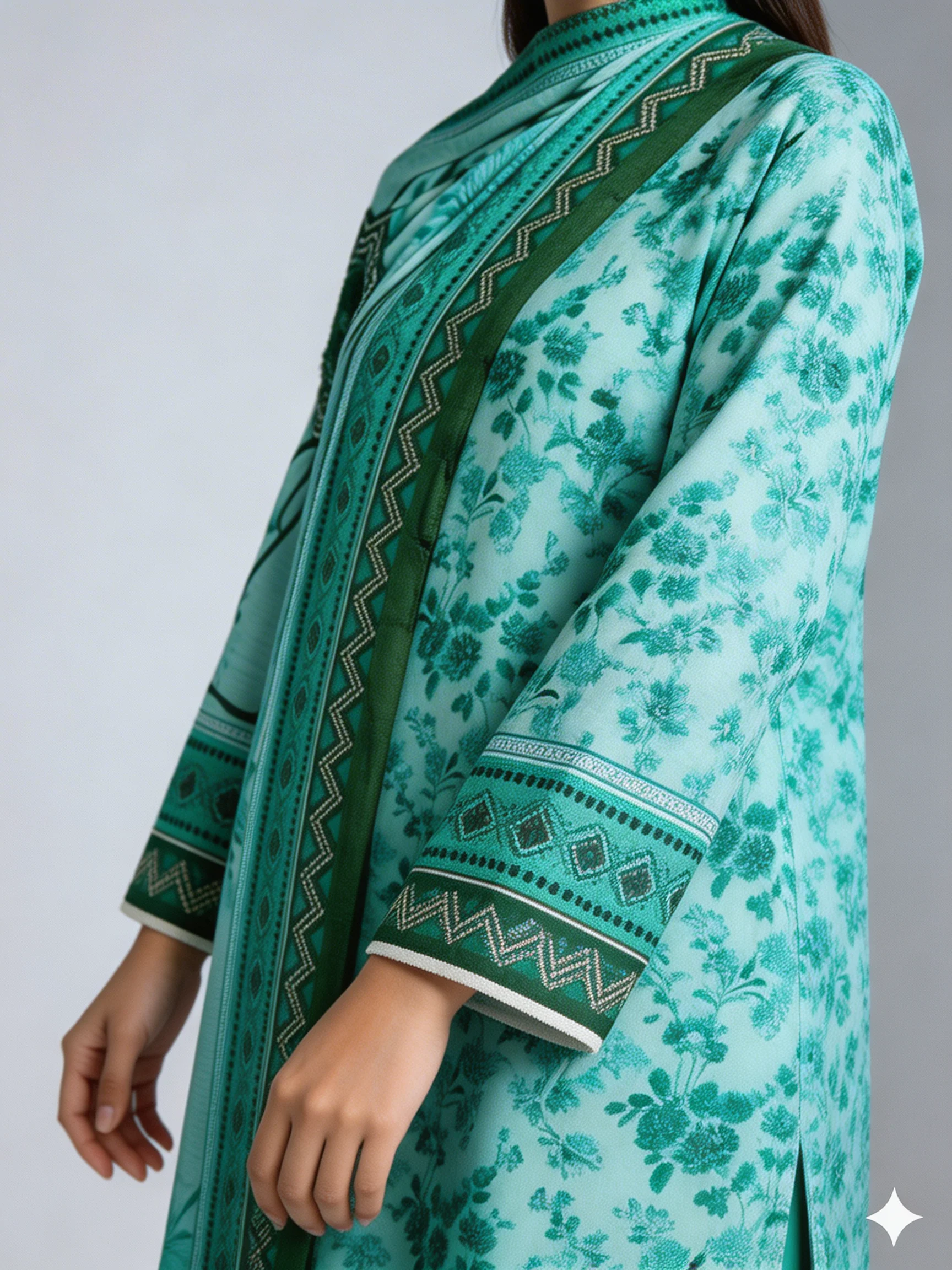 Premium Mint Aqua Floral Printed Lawn 3 Pc Suit - Unstitched Summer Ensemble with Dark Forest Green Tribal Doriya Dupatta & Dyed Trouser