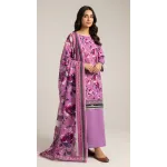 Premium Magenta Pink Floral Printed Lawn 3 Pc Suit - Unstitched Summer Outfit with Abstract Geometric Border Voile Dupatta & Dyed Trouser