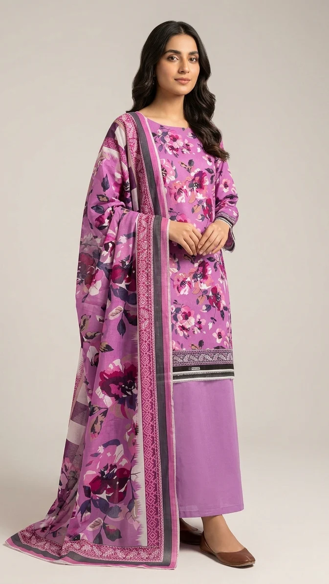 Premium Magenta Pink Floral Printed Lawn 3 Pc Suit - Unstitched Summer Outfit with Abstract Geometric Border Voile Dupatta & Dyed Trouser