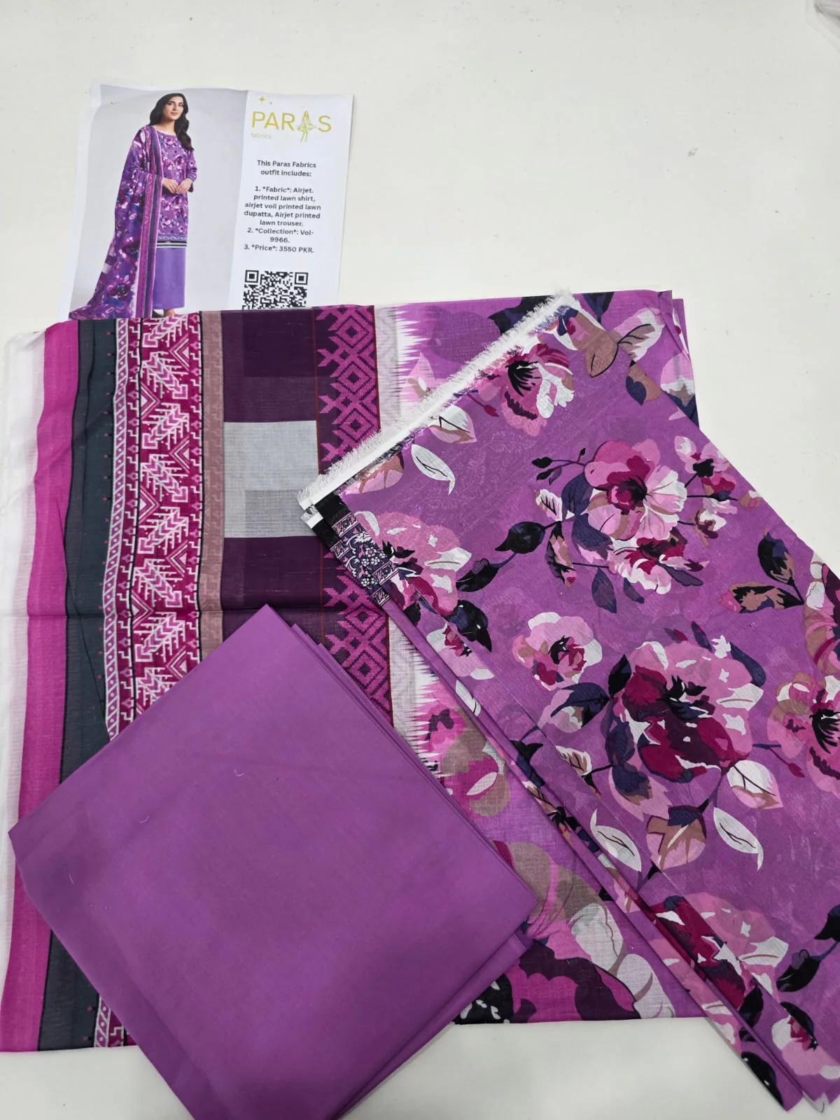 Premium Magenta Pink Floral Printed Lawn 3 Pc Suit - Unstitched Summer Outfit with Abstract Geometric Border Voile Dupatta & Dyed Trouser