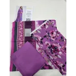 Premium Magenta Pink Floral Printed Lawn 3 Pc Suit - Unstitched Summer Outfit with Abstract Geometric Border Voile Dupatta & Dyed Trouser