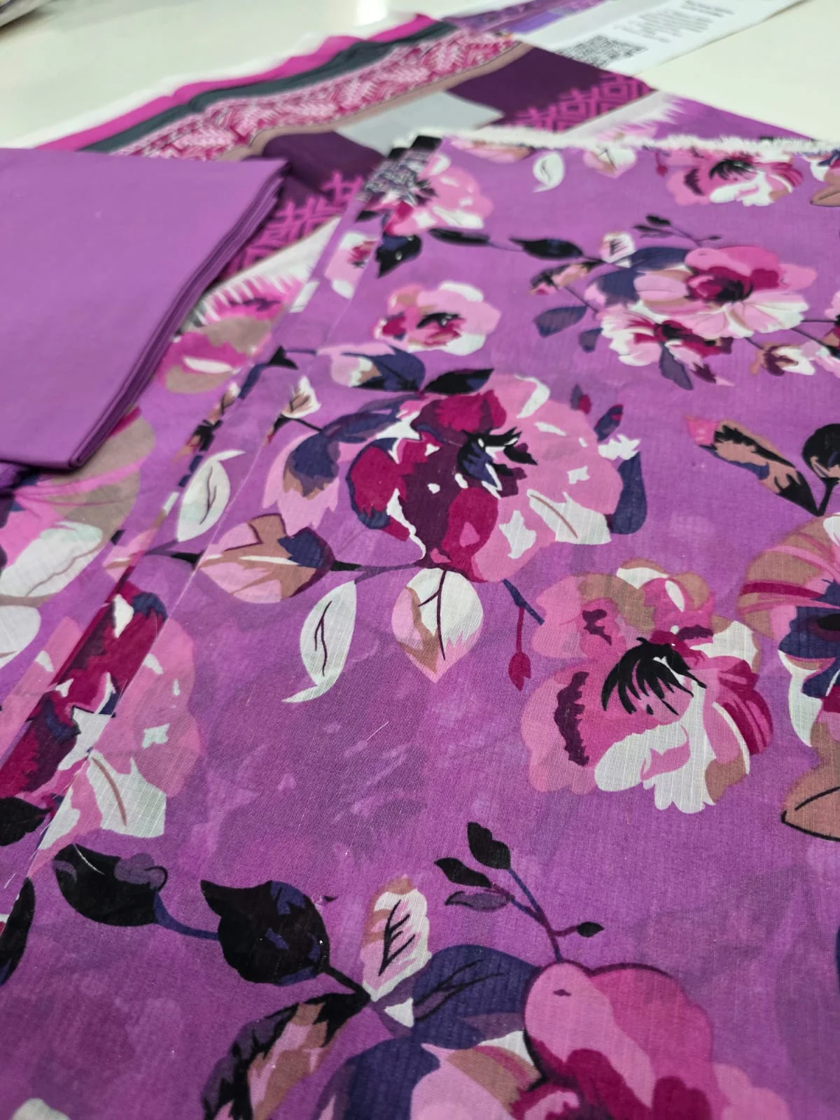 Premium Magenta Pink Floral Printed Lawn 3 Pc Suit - Unstitched Summer Outfit with Abstract Geometric Border Voile Dupatta & Dyed Trouser