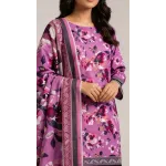 Premium Magenta Pink Floral Printed Lawn 3 Pc Suit - Unstitched Summer Outfit with Abstract Geometric Border Voile Dupatta & Dyed Trouser