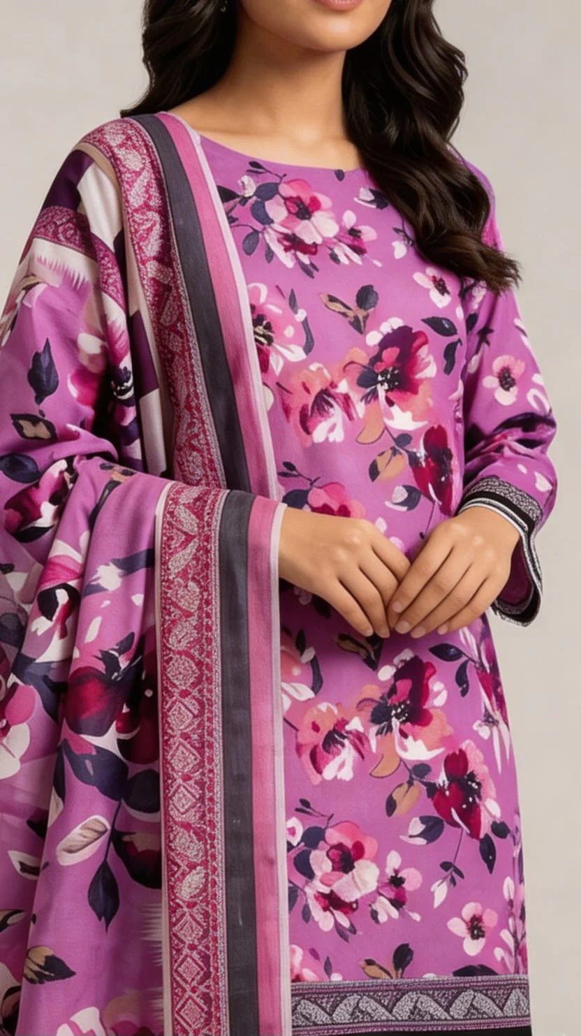 Premium Magenta Pink Floral Printed Lawn 3 Pc Suit - Unstitched Summer Outfit with Abstract Geometric Border Voile Dupatta & Dyed Trouser