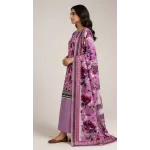 Premium Magenta Pink Floral Printed Lawn 3 Pc Suit - Unstitched Summer Outfit with Abstract Geometric Border Voile Dupatta & Dyed Trouser