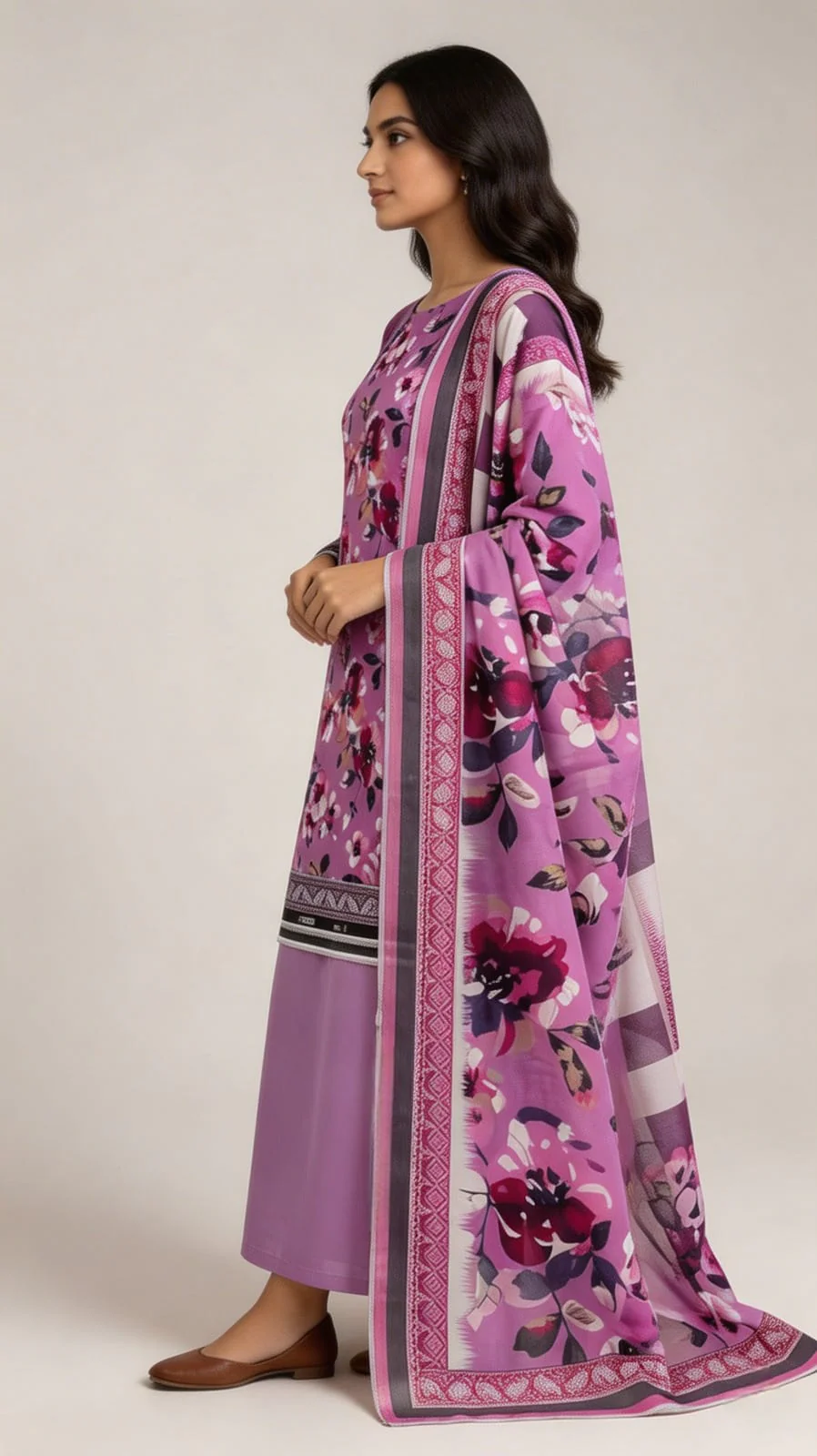 Premium Magenta Pink Floral Printed Lawn 3 Pc Suit - Unstitched Summer Outfit with Abstract Geometric Border Voile Dupatta & Dyed Trouser