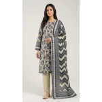 Premium Olive Grey Printed Lawn 3 Pc Suit - Traditional Floral Unstitched Summer Dress with Ikat Chevron Pattern Dupatta