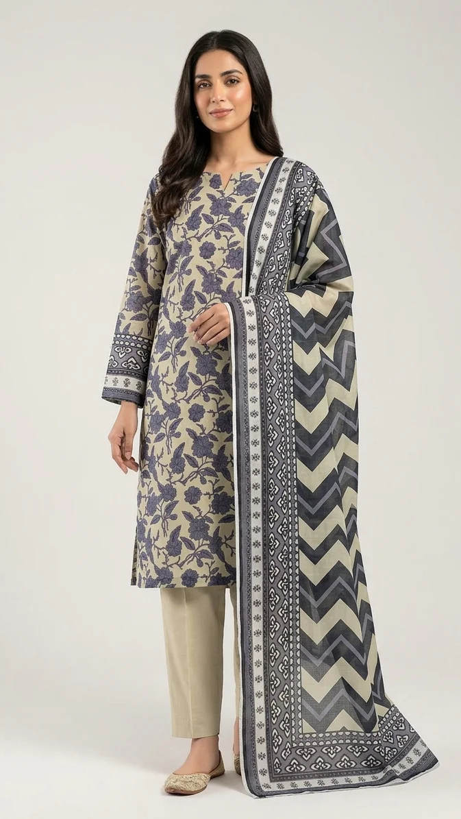 Premium Olive Grey Printed Lawn 3 Pc Suit - Traditional Floral Unstitched Summer Dress with Ikat Chevron Pattern Dupatta