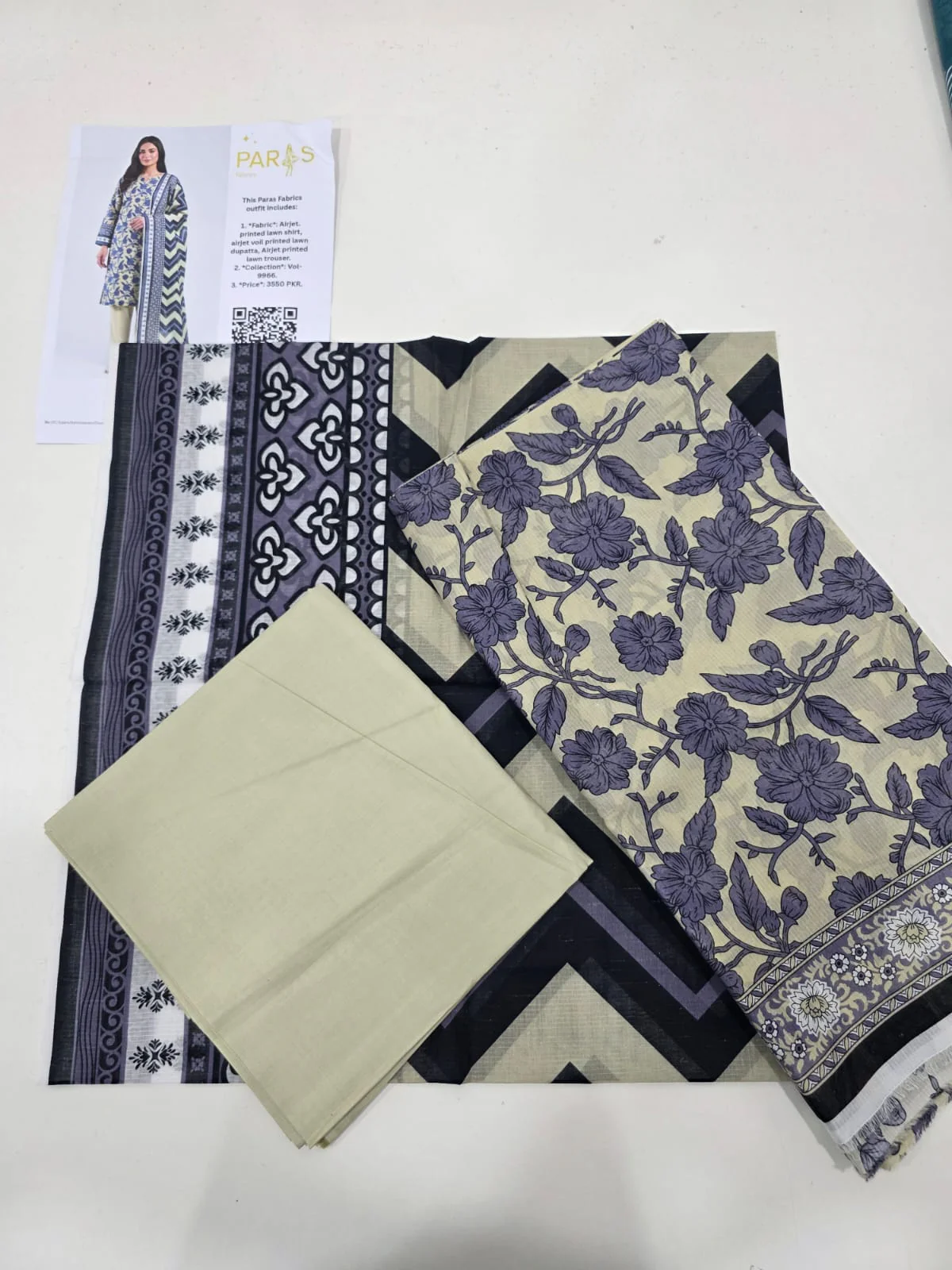Premium Olive Grey Printed Lawn 3 Pc Suit - Traditional Floral Unstitched Summer Dress with Ikat Chevron Pattern Dupatta