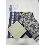 Premium Olive Grey Printed Lawn 3 Pc Suit - Traditional Floral Unstitched Summer Dress with Ikat Chevron Pattern Dupatta