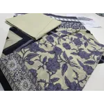 Premium Olive Grey Printed Lawn 3 Pc Suit - Traditional Floral Unstitched Summer Dress with Ikat Chevron Pattern Dupatta