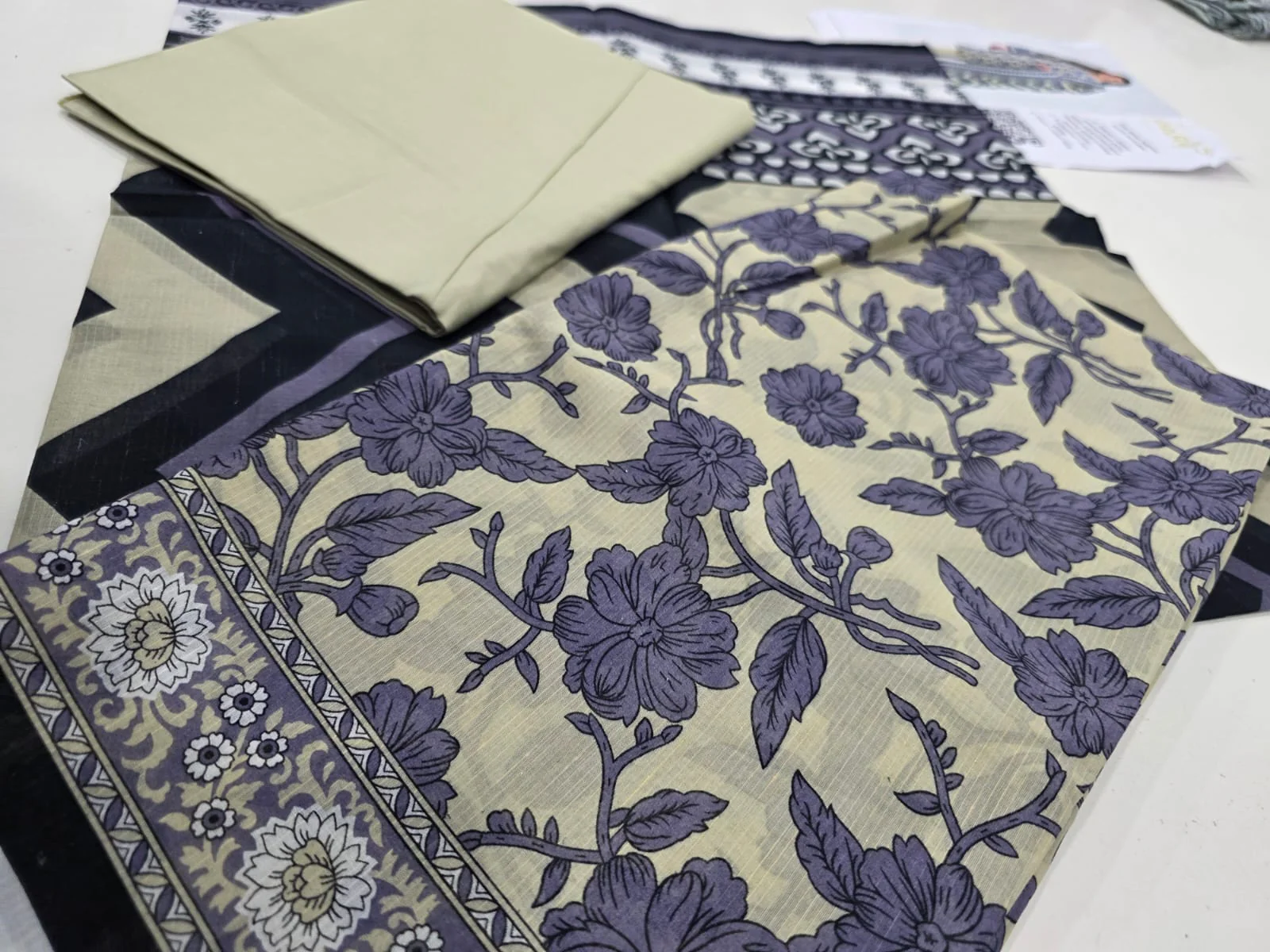 Premium Olive Grey Printed Lawn 3 Pc Suit - Traditional Floral Unstitched Summer Dress with Ikat Chevron Pattern Dupatta