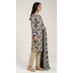 Premium Olive Grey Printed Lawn 3 Pc Suit - Traditional Floral Unstitched Summer Dress with Ikat Chevron Pattern Dupatta