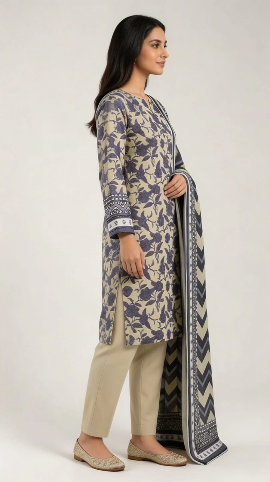 Premium Olive Grey Printed Lawn 3 Pc Suit - Traditional Floral Unstitched Summer Dress with Ikat Chevron Pattern Dupatta