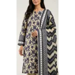 Premium Olive Grey Printed Lawn 3 Pc Suit - Traditional Floral Unstitched Summer Dress with Ikat Chevron Pattern Dupatta
