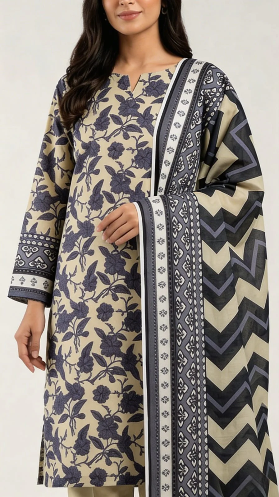 Premium Olive Grey Printed Lawn 3 Pc Suit - Traditional Floral Unstitched Summer Dress with Ikat Chevron Pattern Dupatta