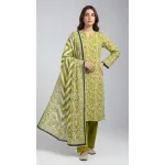 Premium Lime Moss Green Printed Lawn 3 Pc Suit - Unstitched Summer Ensemble with Shibori Ikat Chevron Doriya Dupatta & Solid Dyed Trouser