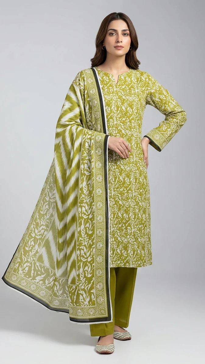 Premium Lime Moss Green Printed Lawn 3 Pc Suit - Unstitched Summer Ensemble with Shibori Ikat Chevron Doriya Dupatta & Solid Dyed Trouser