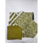 Premium Lime Moss Green Printed Lawn 3 Pc Suit - Unstitched Summer Ensemble with Shibori Ikat Chevron Doriya Dupatta & Solid Dyed Trouser
