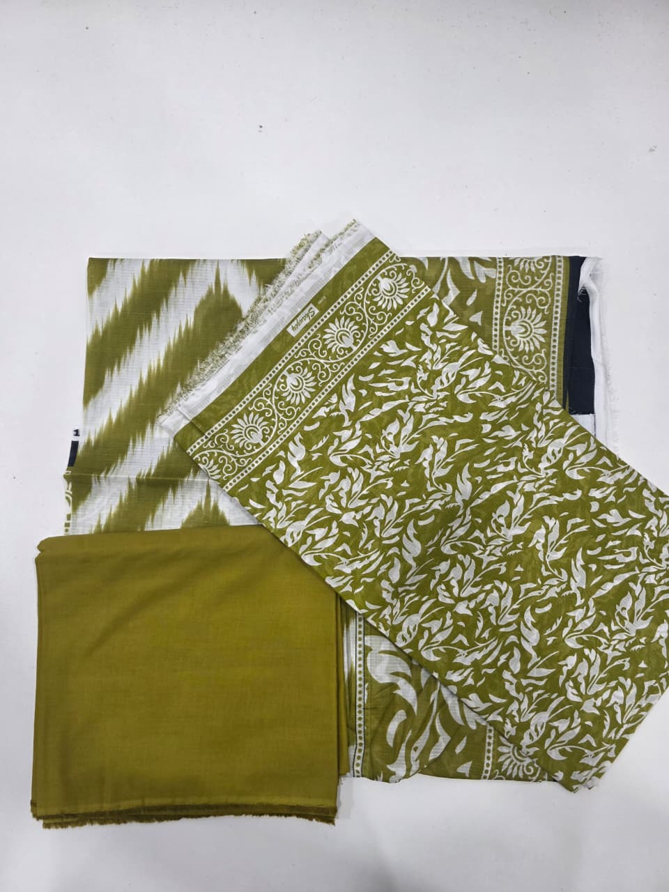Premium Lime Moss Green Printed Lawn 3 Pc Suit - Unstitched Summer Ensemble with Shibori Ikat Chevron Doriya Dupatta & Solid Dyed Trouser