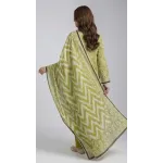Premium Lime Moss Green Printed Lawn 3 Pc Suit - Unstitched Summer Ensemble with Shibori Ikat Chevron Doriya Dupatta & Solid Dyed Trouser