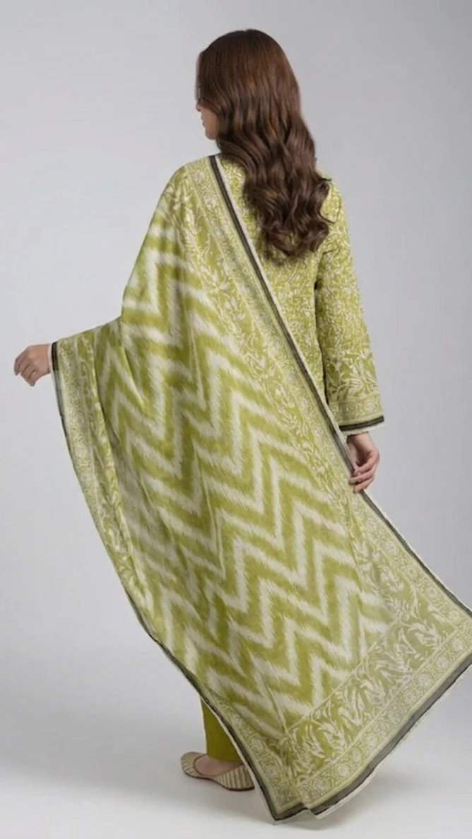Premium Lime Moss Green Printed Lawn 3 Pc Suit - Unstitched Summer Ensemble with Shibori Ikat Chevron Doriya Dupatta & Solid Dyed Trouser