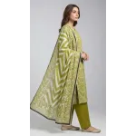 Premium Lime Moss Green Printed Lawn 3 Pc Suit - Unstitched Summer Ensemble with Shibori Ikat Chevron Doriya Dupatta & Solid Dyed Trouser