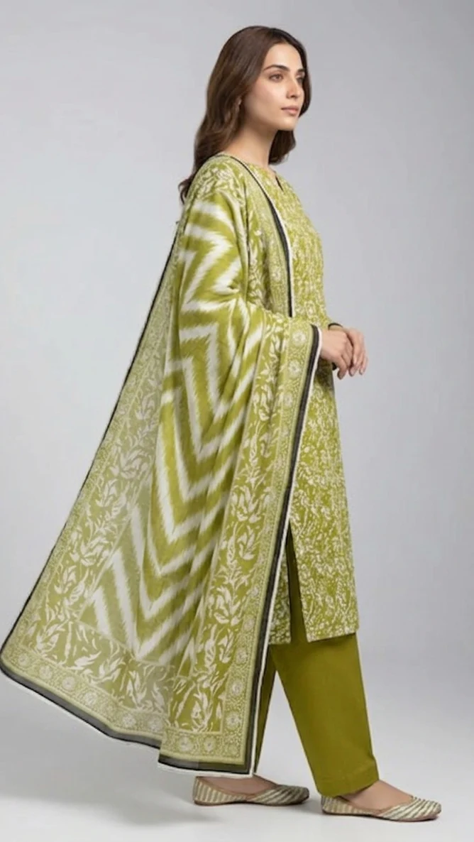 Premium Lime Moss Green Printed Lawn 3 Pc Suit - Unstitched Summer Ensemble with Shibori Ikat Chevron Doriya Dupatta & Solid Dyed Trouser