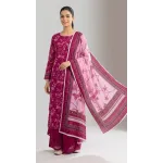 Premium Plum Wine Floral Printed Lawn 3 Pc Suit - Unstitched Summer Ensemble with Soft Rose Pink Botanical Dupatta & Solid Dyed Trouser