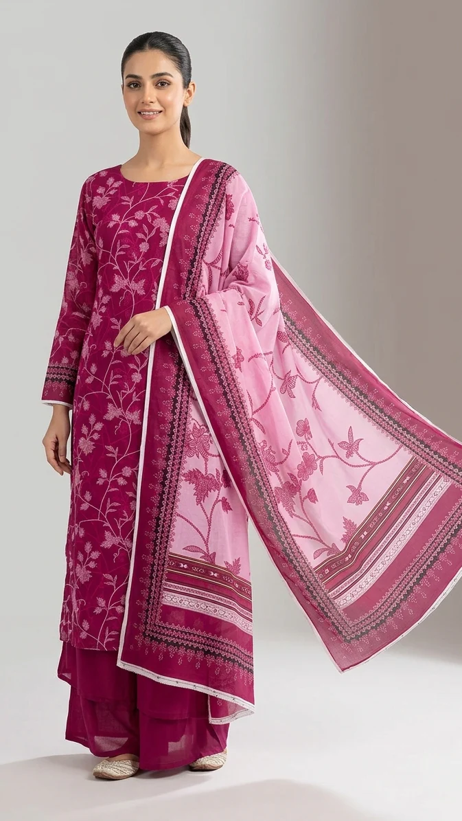 Premium Plum Wine Floral Printed Lawn 3 Pc Suit - Unstitched Summer Ensemble with Soft Rose Pink Botanical Dupatta & Solid Dyed Trouser
