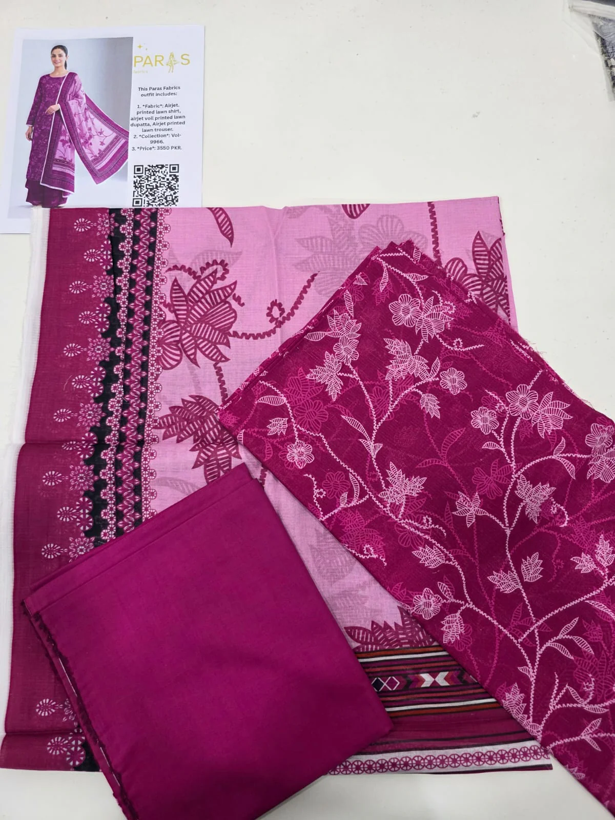 Premium Plum Wine Floral Printed Lawn 3 Pc Suit - Unstitched Summer Ensemble with Soft Rose Pink Botanical Dupatta & Solid Dyed Trouser