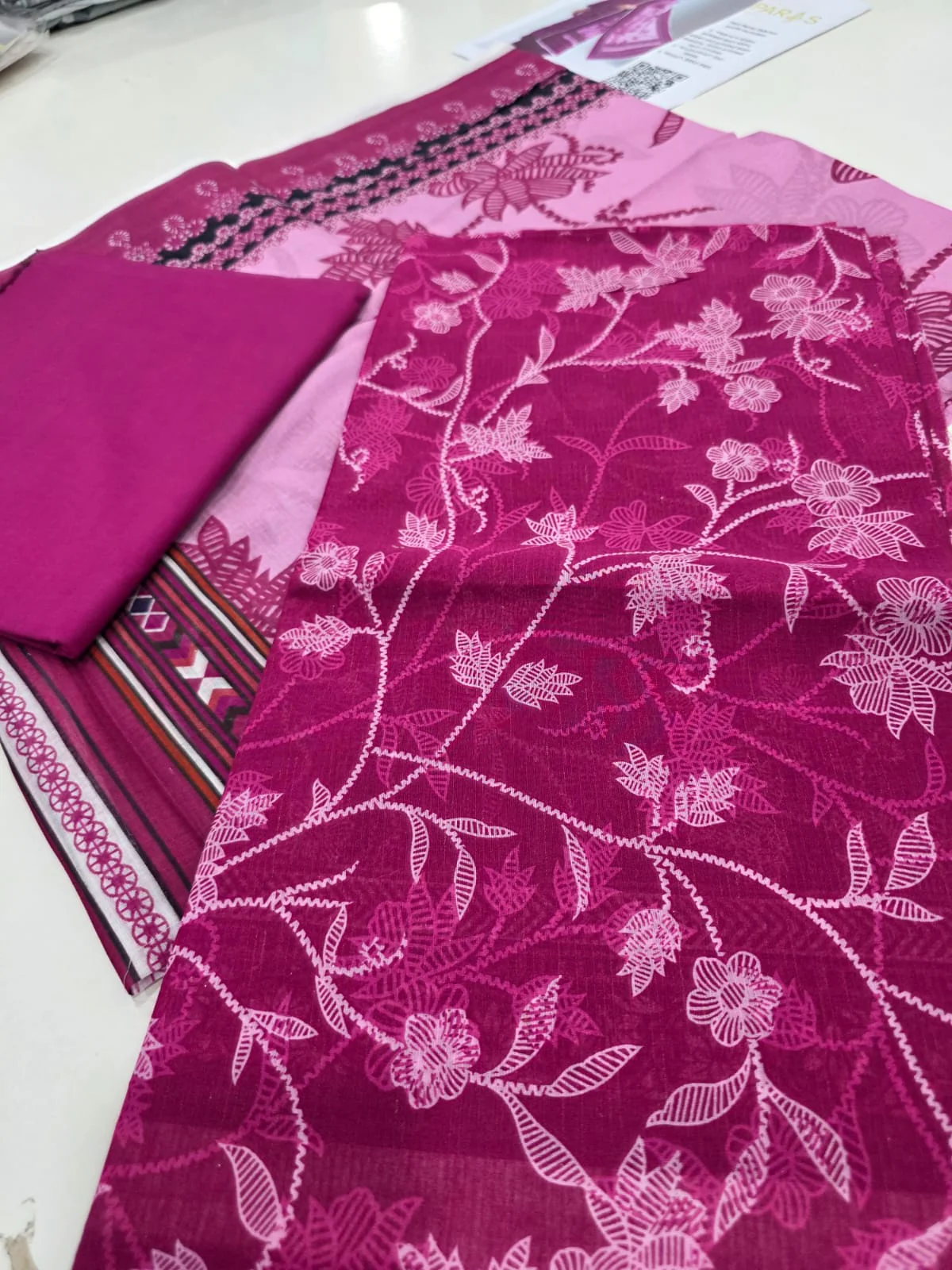 Premium Plum Wine Floral Printed Lawn 3 Pc Suit - Unstitched Summer Ensemble with Soft Rose Pink Botanical Dupatta & Solid Dyed Trouser