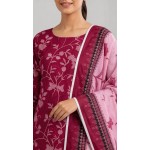 Premium Plum Wine Floral Printed Lawn 3 Pc Suit - Unstitched Summer Ensemble with Soft Rose Pink Botanical Dupatta & Solid Dyed Trouser