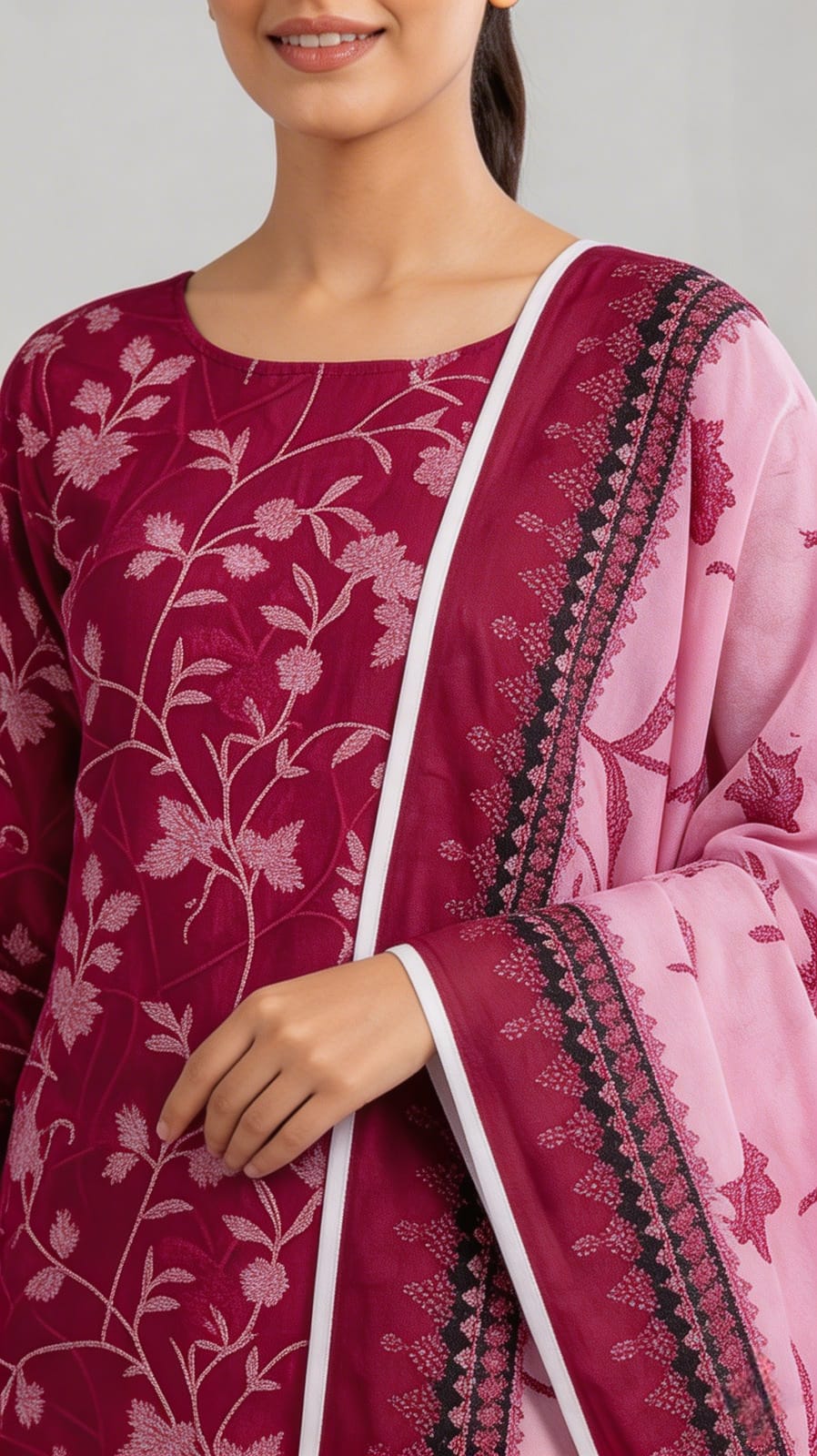 Premium Plum Wine Floral Printed Lawn 3 Pc Suit - Unstitched Summer Ensemble with Soft Rose Pink Botanical Dupatta & Solid Dyed Trouser