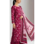 Premium Plum Wine Floral Printed Lawn 3 Pc Suit - Unstitched Summer Ensemble with Soft Rose Pink Botanical Dupatta & Solid Dyed Trouser