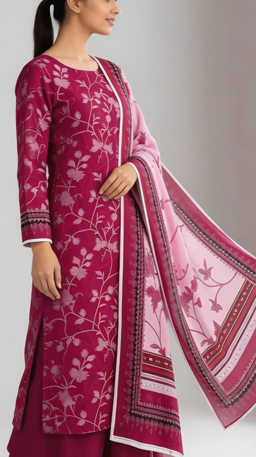 Premium Plum Wine Floral Printed Lawn 3 Pc Suit - Unstitched Summer Ensemble with Soft Rose Pink Botanical Dupatta & Solid Dyed Trouser