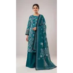 Premium Deep Teal Ocean Blue Printed Lawn 3 Pc Suit - Unstitched Summer Ensemble with Scallop Wave Voile Dupatta & Solid Dyed Trouser