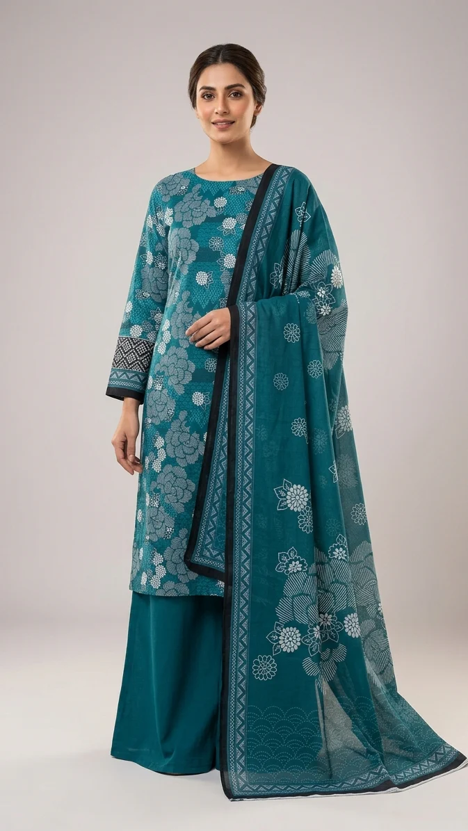 Premium Deep Teal Ocean Blue Printed Lawn 3 Pc Suit - Unstitched Summer Ensemble with Scallop Wave Voile Dupatta & Solid Dyed Trouser