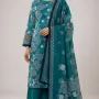 Premium Deep Teal Ocean Blue Printed Lawn 3 Pc Suit - Unstitched Summer Ensemble with Scallop Wave Voile Dupatta & Solid Dyed Trouser