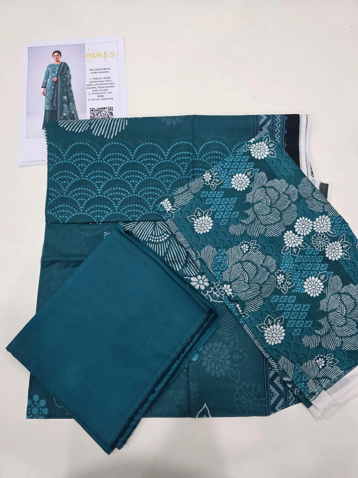 Premium Deep Teal Ocean Blue Printed Lawn 3 Pc Suit - Unstitched Summer Ensemble with Scallop Wave Voile Dupatta & Solid Dyed Trouser