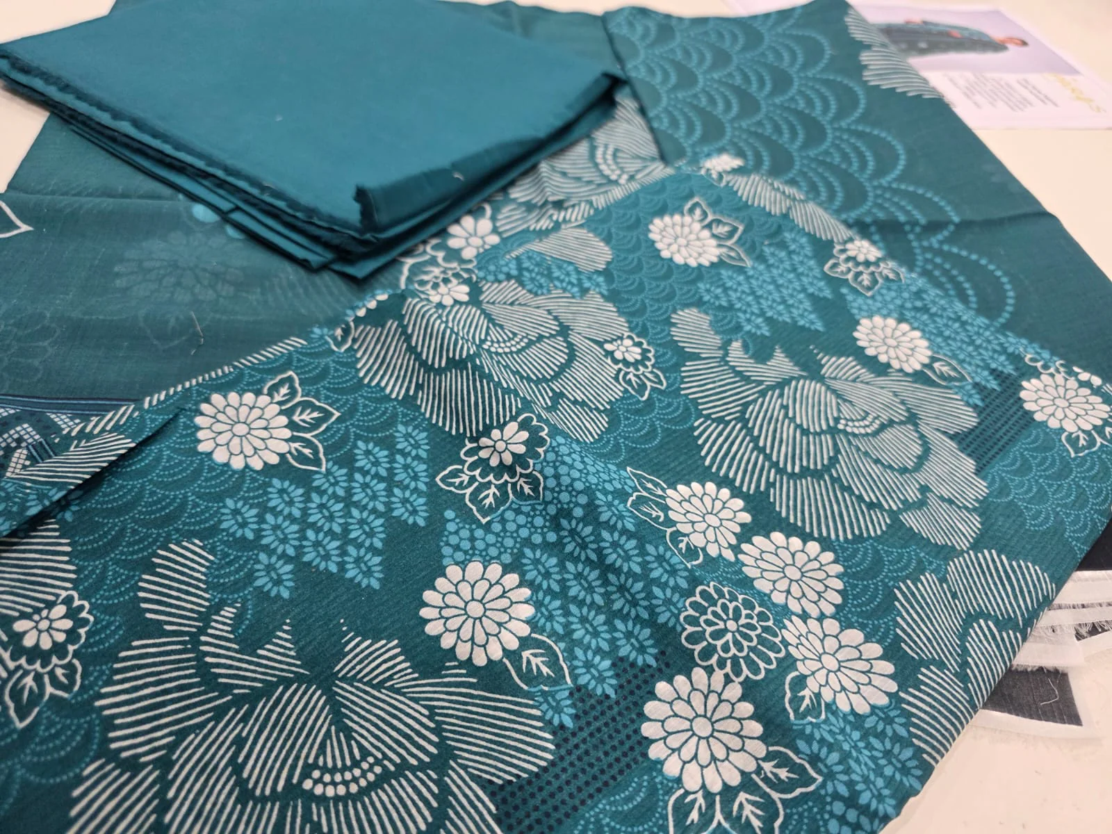 Premium Deep Teal Ocean Blue Printed Lawn 3 Pc Suit - Unstitched Summer Ensemble with Scallop Wave Voile Dupatta & Solid Dyed Trouser