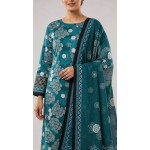 Premium Deep Teal Ocean Blue Printed Lawn 3 Pc Suit - Unstitched Summer Ensemble with Scallop Wave Voile Dupatta & Solid Dyed Trouser
