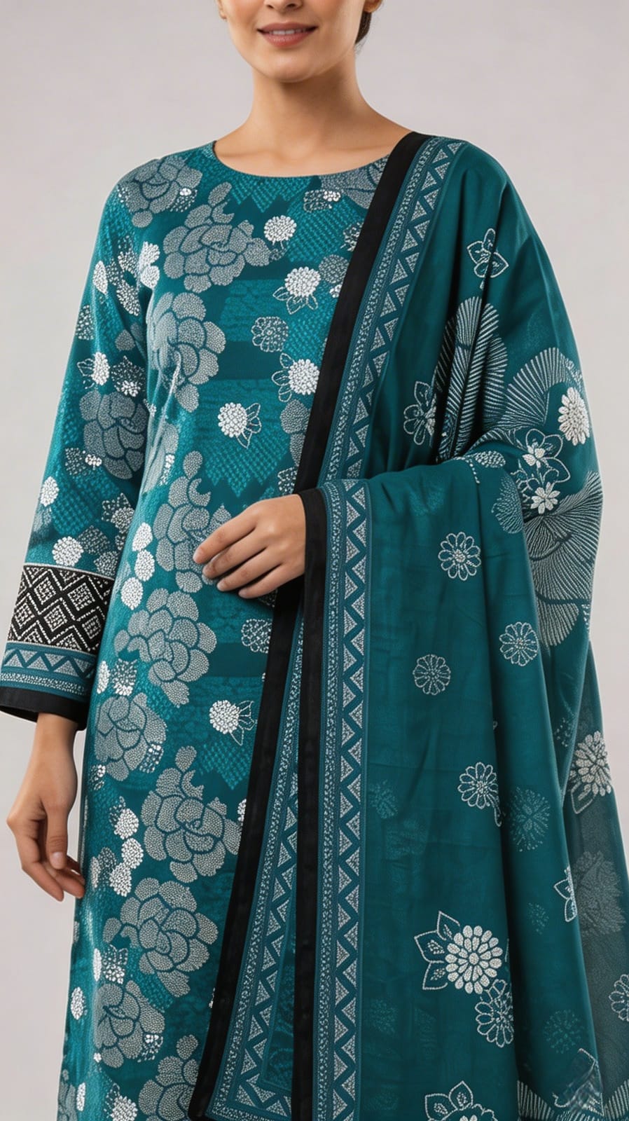 Premium Deep Teal Ocean Blue Printed Lawn 3 Pc Suit - Unstitched Summer Ensemble with Scallop Wave Voile Dupatta & Solid Dyed Trouser